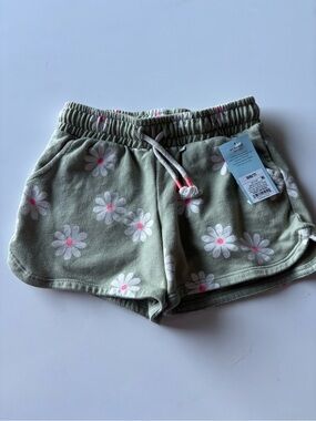 Cat & Jack Olive Green Floral Daisy Shorts with Pink Centers
